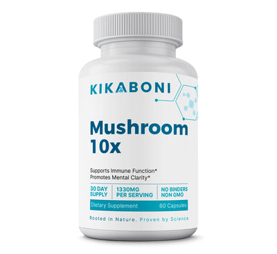 Mushroom 10x front view of white supplement bottle with gray cap, 60 capsules, teal label design.