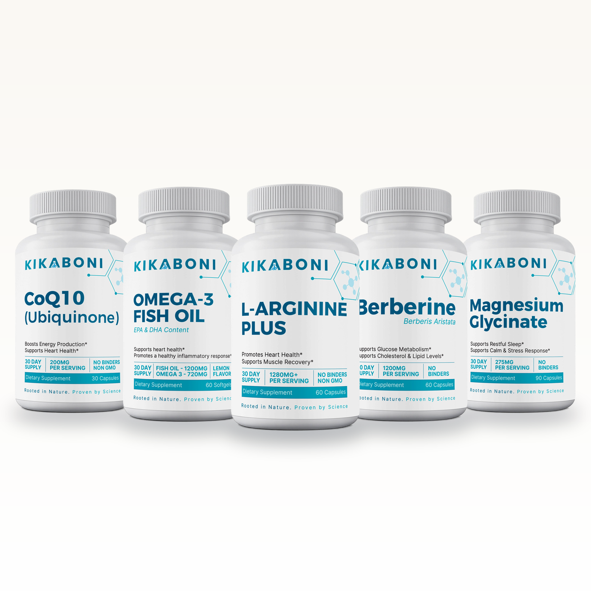 Heart Health Stack: front view of five Kikaboni supplement bottles arranged side by side