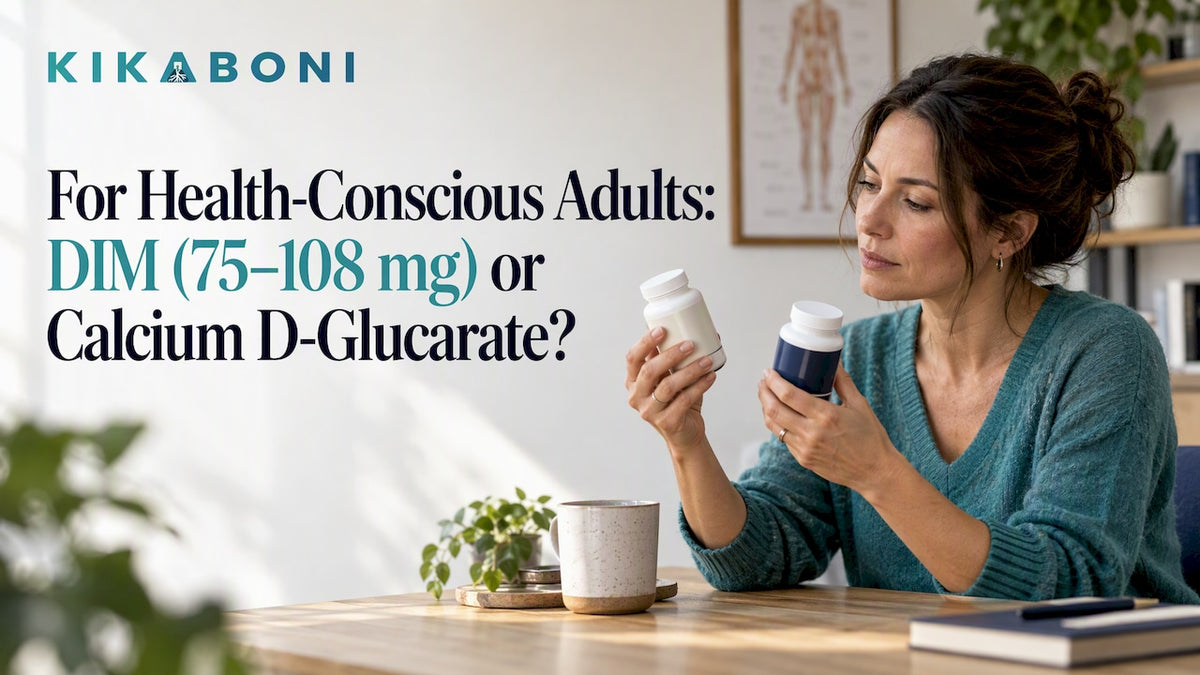 Woman comparing DIM and calcium supplements