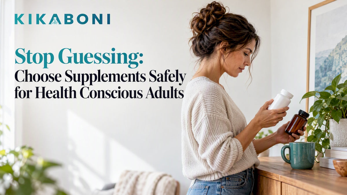 Woman comparing supplements at home