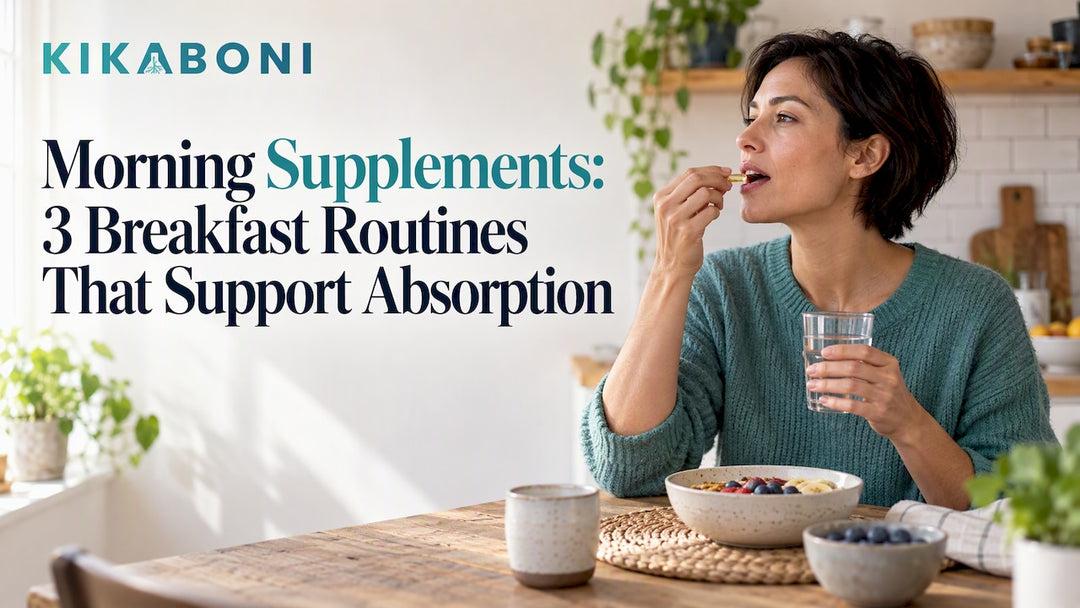 Woman taking a supplement with breakfast
