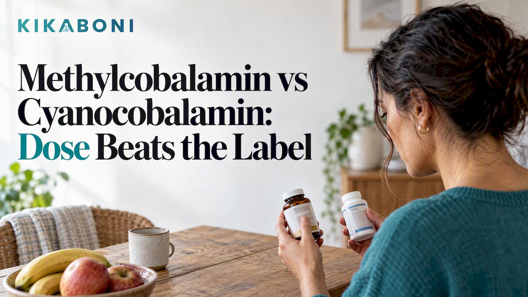 Woman comparing two B12 supplement bottles