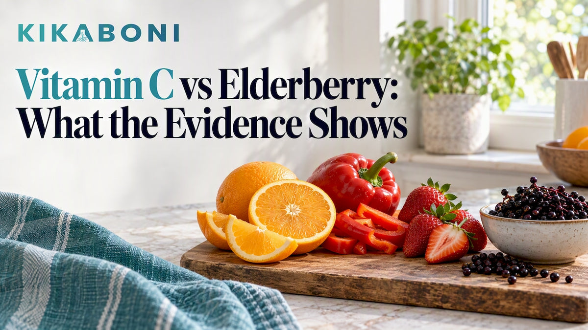 Vitamin C foods beside dark elderberries
