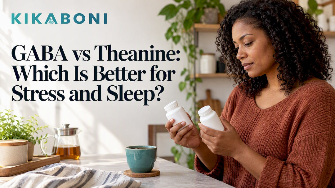 Woman comparing supplements beside brewed tea