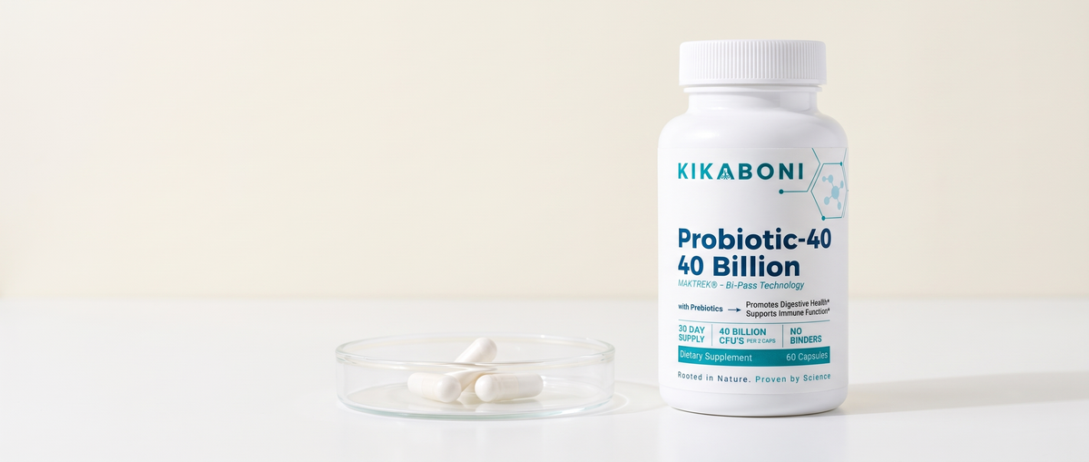 Kikaboni Probiotic-40 bottle beside a glass dish of capsules on a white surface