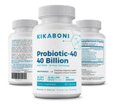 Probiotic-40 with 40 Billion CFU, three white supplement bottles showing front and back label views.