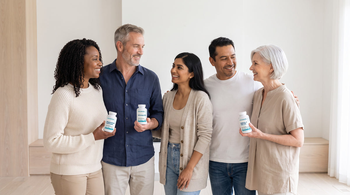 A group of friends of different ages and backgrounds holding Kikaboni supplements