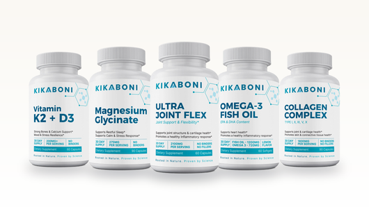 Kikaboni Bone & Joint Stack: Vitamin K2 + D3, Magnesium Glycinate, Ultra Joint Flex, Omega-3 Fish Oil, Collagen Complex Type I, II, III, V, X