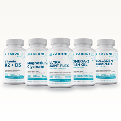 Kikaboni Bone & Joint Stack: Vitamin K2 + D3, Magnesium Glycinate, Ultra Joint Flex, Omega-3 Fish Oil, Collagen Complex Type I, II, III, V, X