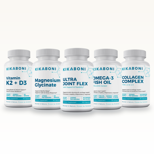 Kikaboni Bone & Joint Stack: Vitamin K2 + D3, Magnesium Glycinate, Ultra Joint Flex, Omega-3 Fish Oil, Collagen Complex Type I, II, III, V, X