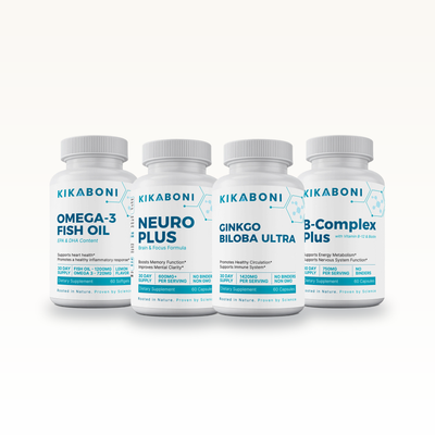 Kikaboni Brain & Focus Stack: Omega-3 Fish Oil, Neuro Plus, Ginkgo Biloba Ultra, B-Complex Plus with Vitamin B-12 & Biotin