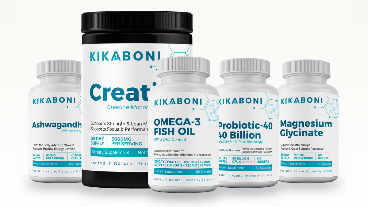 Energy & Performance Stack: front view of five Kikaboni supplement bottles lined up together.