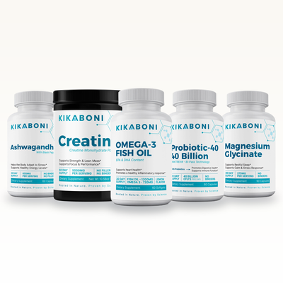Kikaboni Energy & Performance Stack: Ashwagandha with Black Pepper, Creatine Monohydrate Powder, Omega-3 Fish Oil, Probiotic-40 with 40 Billion CFU, Magnesium Glycinate