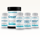 Energy & Performance Stack: front view of five Kikaboni supplement bottles grouped together on white background.