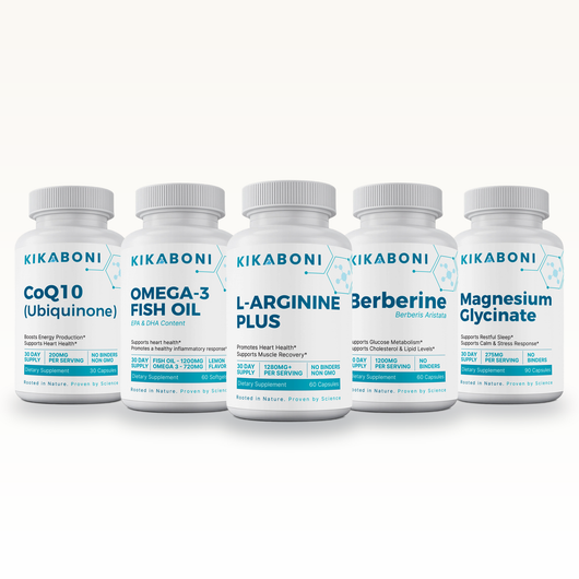 Kikaboni Heart Health Stack: CoQ10 (Ubiquinone), Omega-3 Fish Oil, L-Arginine Plus, Berberine, Magnesium Glycinate