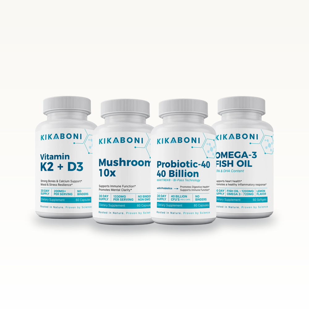 Immune Support Stack: front view of four Kikaboni supplement bottles lined up on white background.