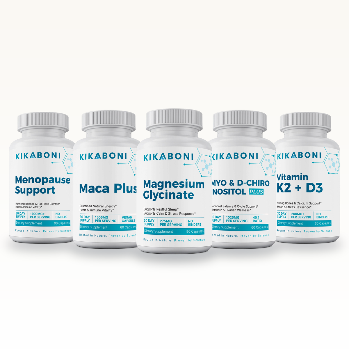Menopause Support Stack: front view of five Kikaboni supplement bottles arranged side by side on white background