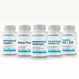 Menopause Support Stack: front view of five Kikaboni supplement bottles arranged side by side on white background