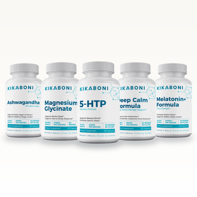 Kikaboni Sleep & Calm Stack: Ashwagandha with Black Pepper, Magnesium Glycinate, 5-HTP Advance Formula, Deep Calm Formula, Melatonin+ Formula