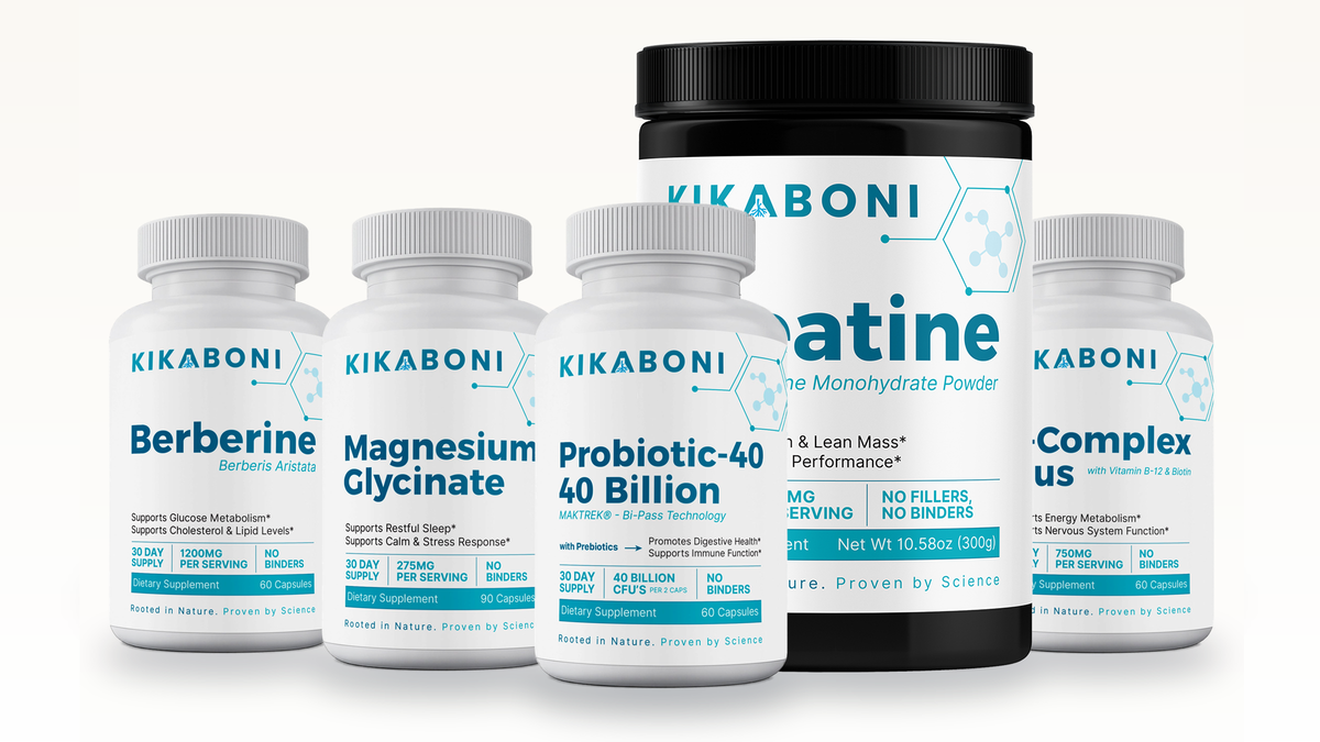 Weight Management Stack: front view of five Kikaboni bottles and a creatine powder tub lined up.